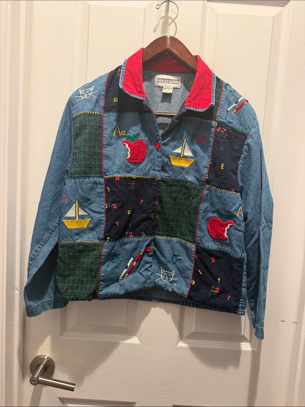 dressbarn Patchwork Denim Jacket with Red Collar and Multicolor Patches women M